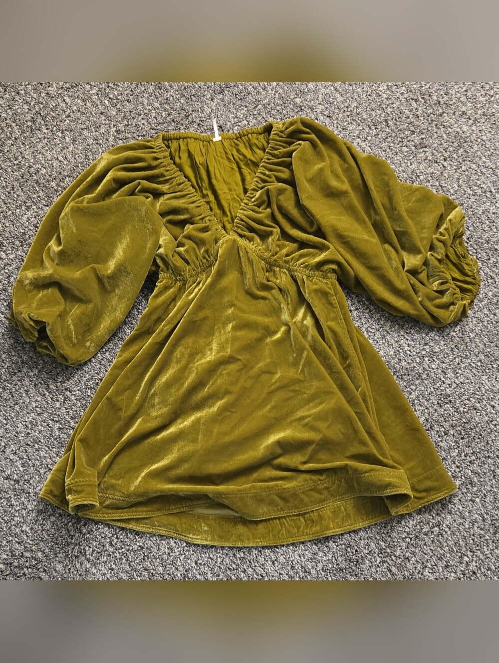 Free People Velvet Puff Sleeve Mini Dress in Olive